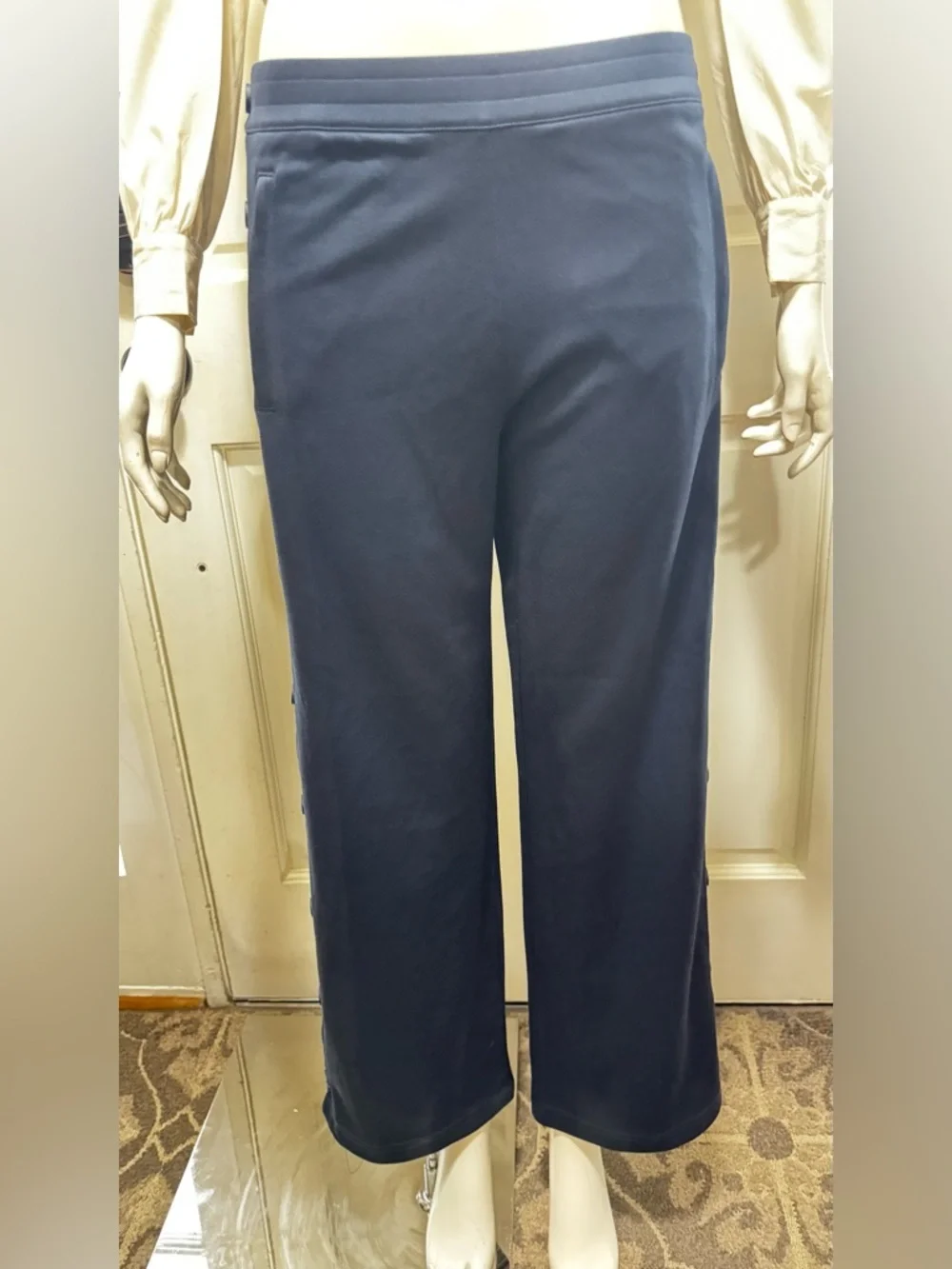 Tory Burch Women’s Navy Wide-Leg Button-Trim Pants Size Small
